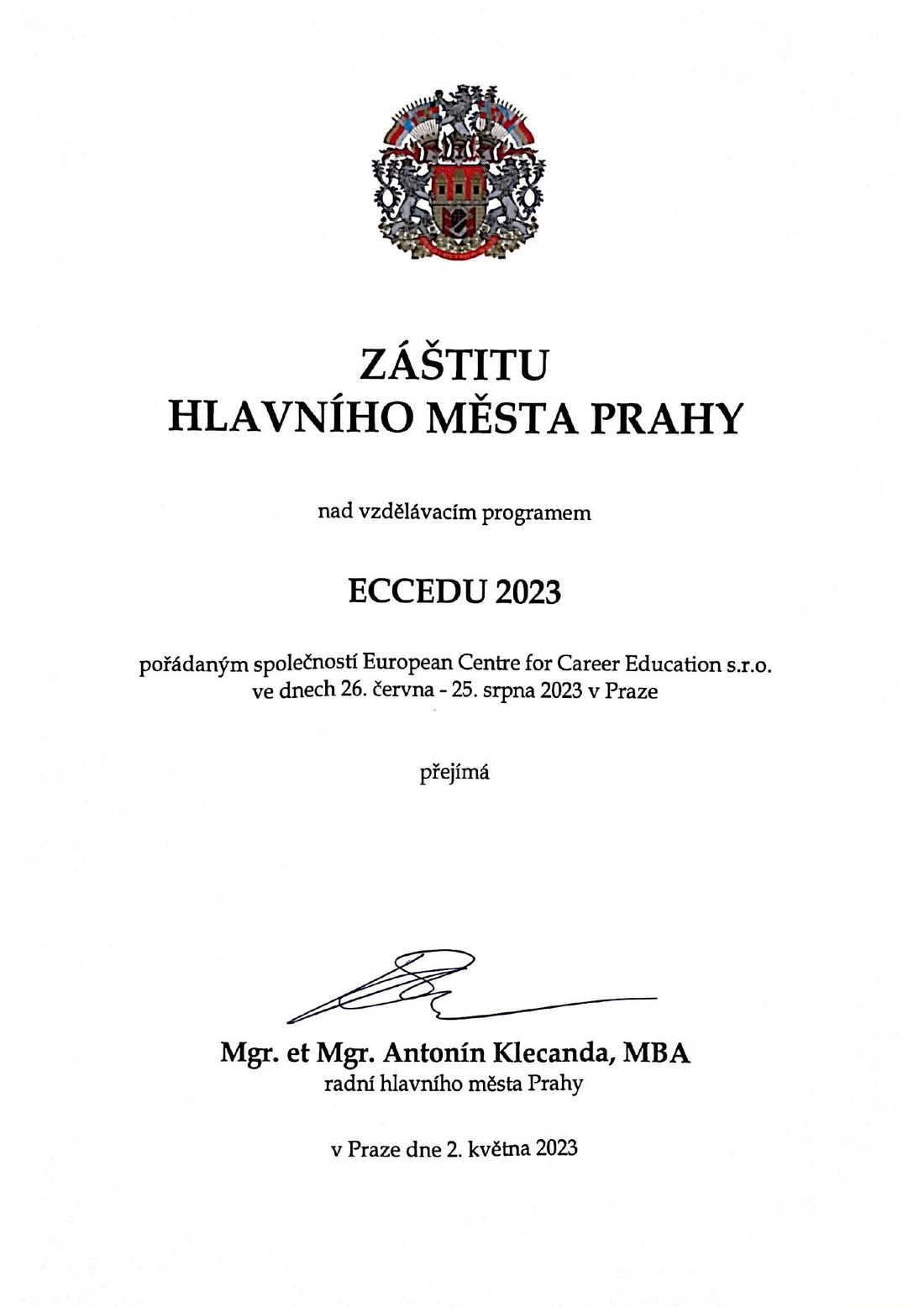 City of Prague auspices for ECCEDU, 2023